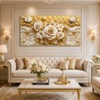 Elegant 3D White Rose Wall Painting with Gold Embellishments, Floral Texture and Sophisticated home Decor
