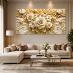 Elegant 3D White Rose Wall Painting with Gold Embellishments, Floral Texture and Sophisticated home Decor