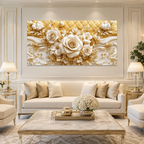 Elegant 3D White Rose Wall Painting with Gold Embellishments, Floral Texture and Sophisticated home Decor