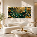 Royal Peacock 3D Wall Art with Teal Feathers Golden Flowers and Luxury Decor