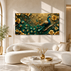 Royal Peacock 3D Wall Art with Teal Feathers Golden Flowers and Luxury Decor