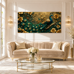Royal Peacock 3D Wall Art with Teal Feathers Golden Flowers and Luxury Decor
