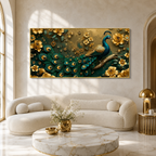 Royal Peacock 3D Wall Art with Teal Feathers Golden Flowers and Luxury Decor