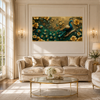 Royal Peacock 3D Wall Art with Teal Feathers Golden Flowers and Luxury Decor