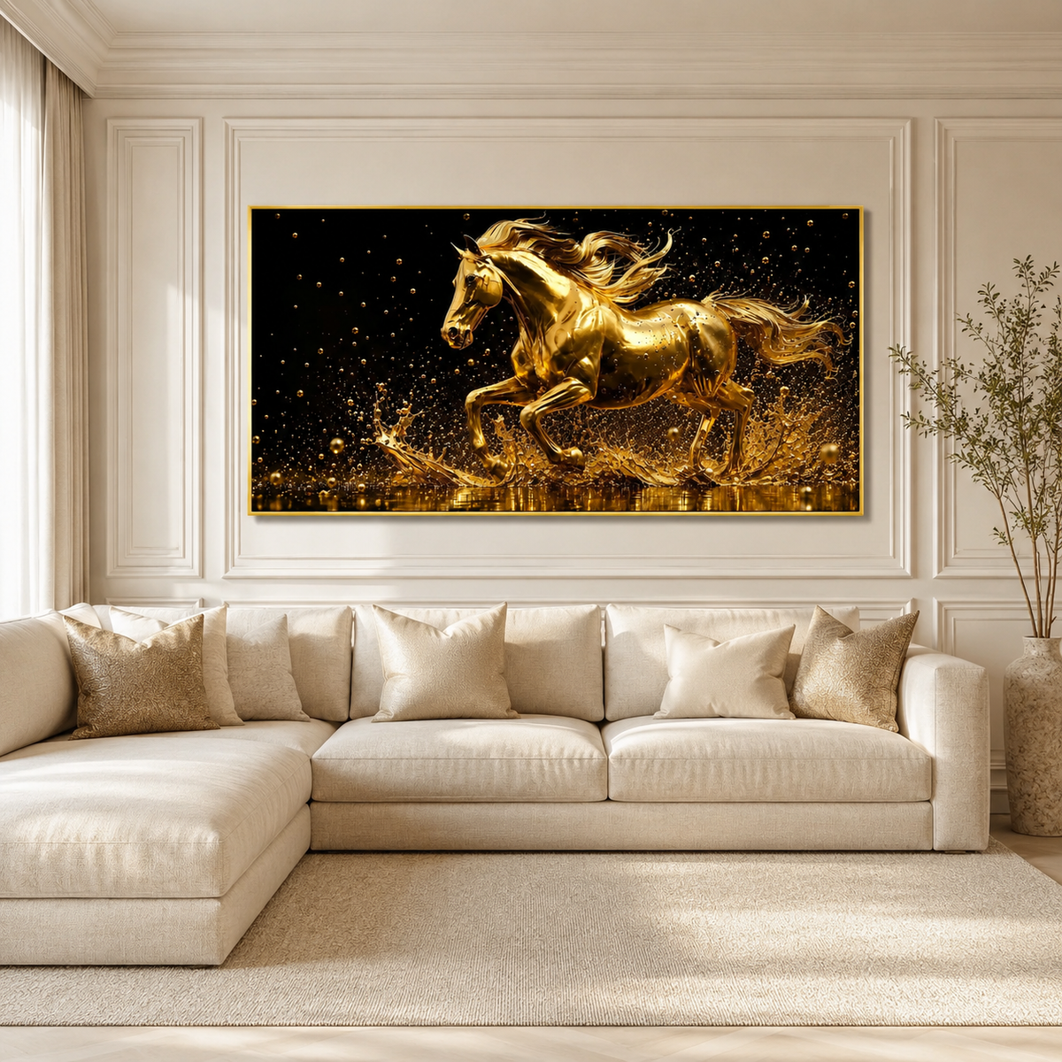 Golden Galloping Horse 3D Wall Painting Premium Luxury Living Room Decor