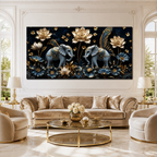 Luxury 3D Elephant Painting with Blue Flowers and Golden Lotus Floral Wall Art