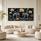 Luxury 3D Elephant Painting with Blue Flowers and Golden Lotus Floral Wall Art