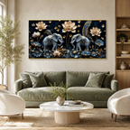 Luxury 3D Elephant Painting with Blue Flowers and Golden Lotus Floral Wall Art
