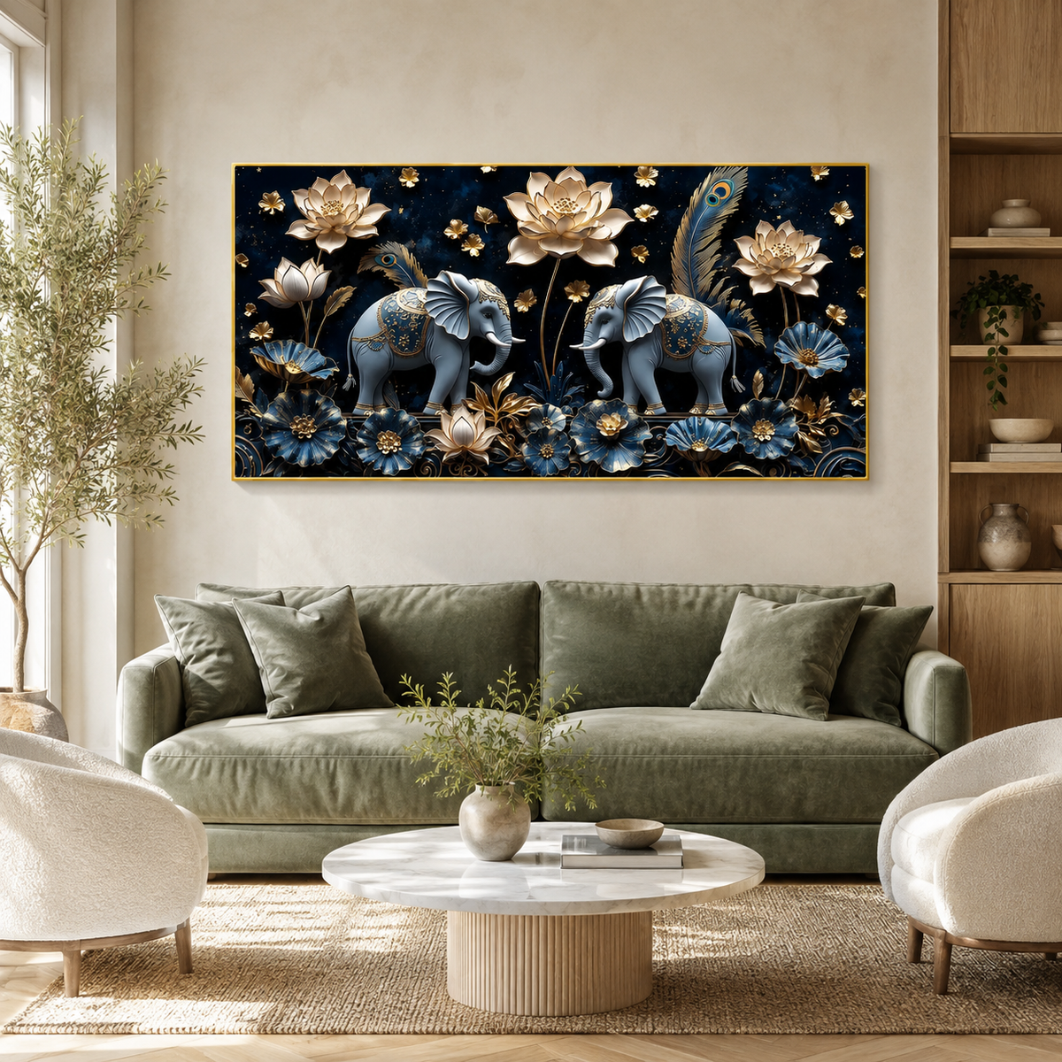 Luxury 3D Elephant Painting with Blue Flowers and Golden Lotus Floral Wall Art