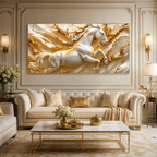 Modern 3D Galloping Horse Wall Painting with White Horse Sculpture Effect for Home Interior