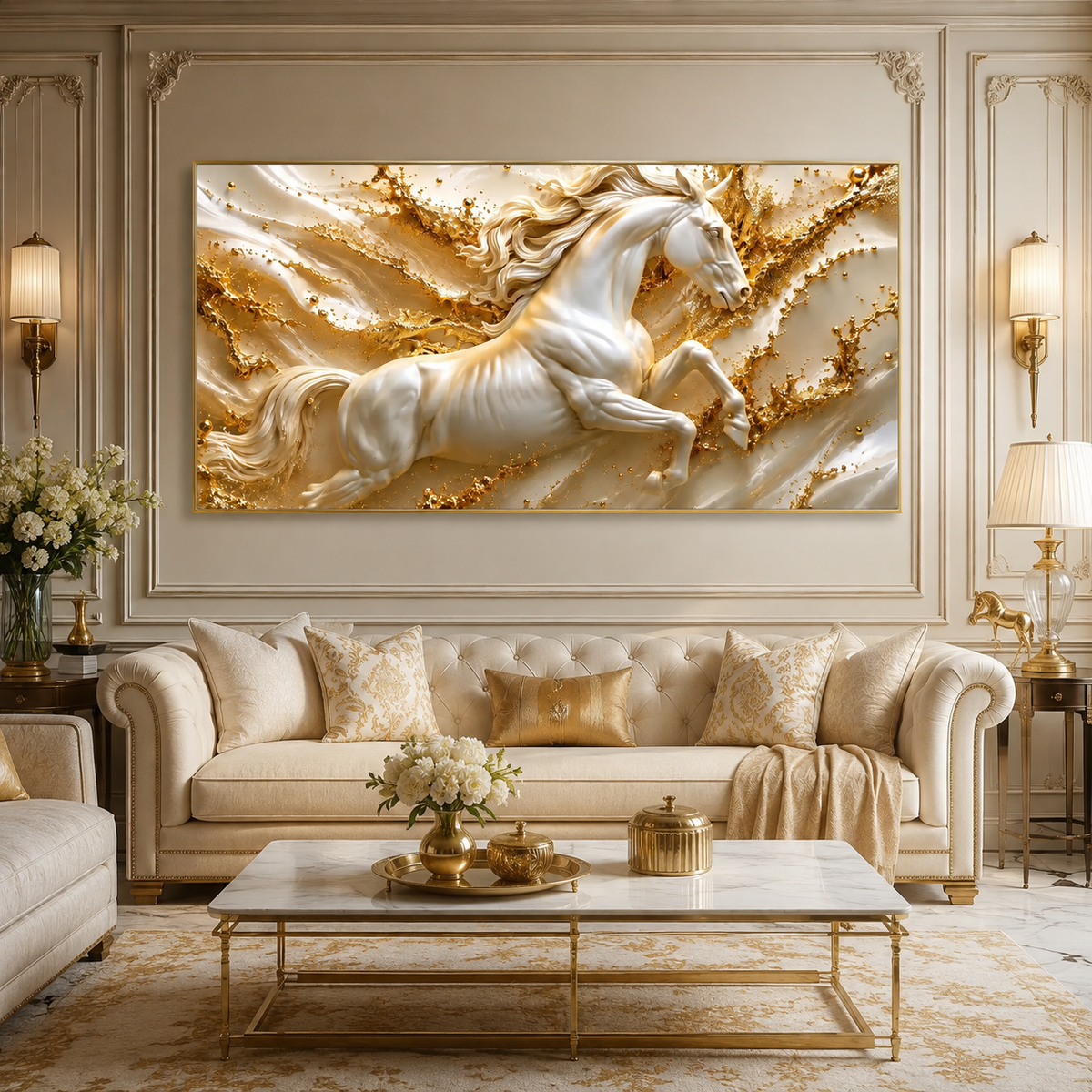 Modern 3D Galloping Horse Wall Painting with White Horse Sculpture Effect for Home Interior