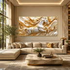 Modern 3D Galloping Horse Wall Painting with White Horse Sculpture Effect for Home Interior