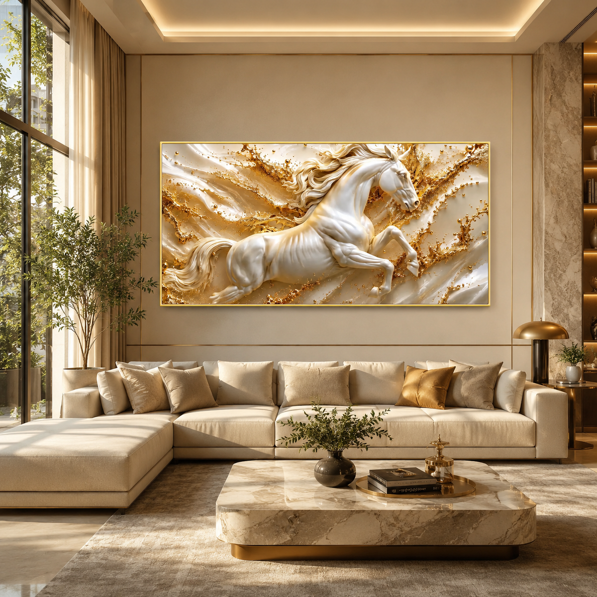 Modern 3D Galloping Horse Wall Painting with White Horse Sculpture Effect for Home Interior