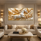 Modern 3D Galloping Horse Wall Painting with White Horse Sculpture Effect for Home Interior