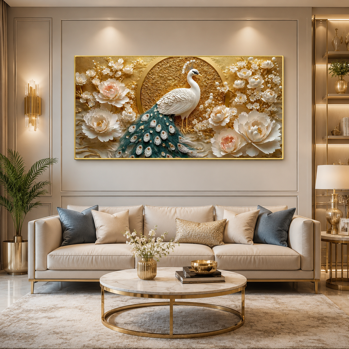Beautiful 3D Peacock Painting with Rich Blue Green Feather Wall Decor for Living Room