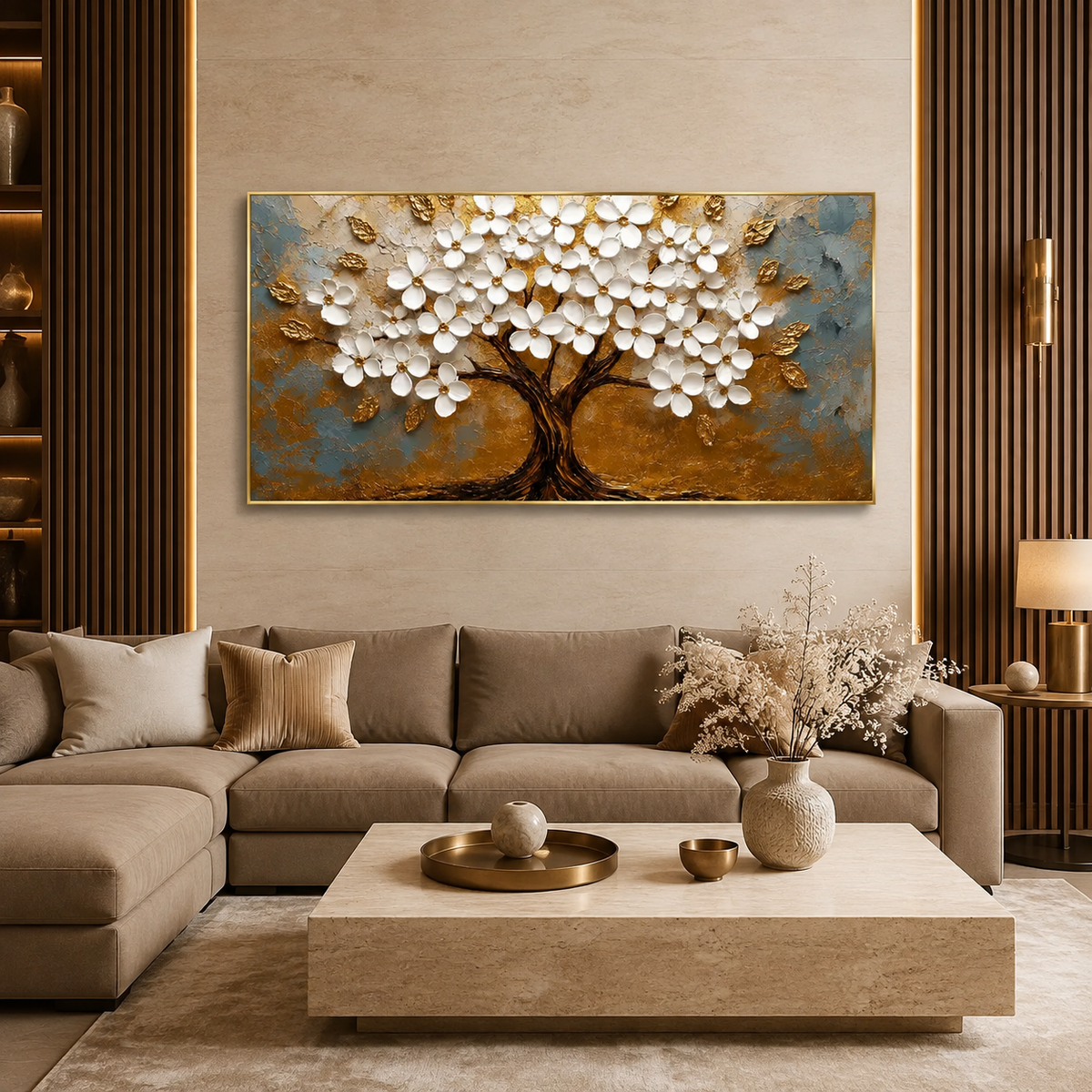 Luxury Golden Floral Tree 3D Embossed Canvas Decor Frame Home