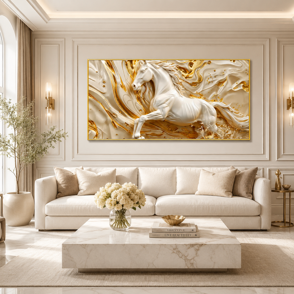 Luxury White Horse canvas Wall Art with Golden Abstract Marble Design for Elegant Living Room