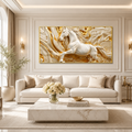 Luxury White Horse canvas Wall Art with Golden Abstract Marble Design for Elegant Living Room