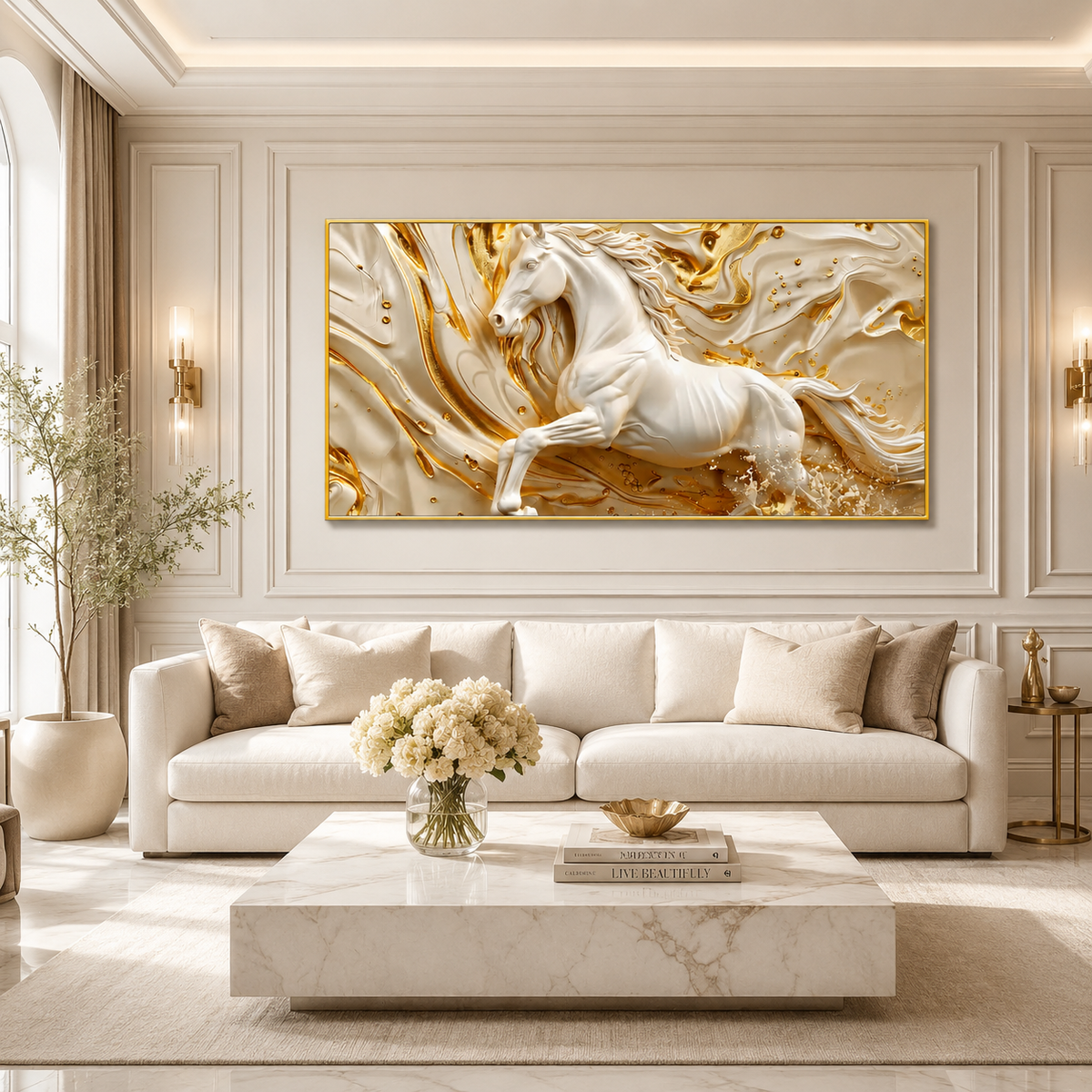 Luxury White Horse canvas Wall Art with Golden Abstract Marble Design for Elegant Living Room