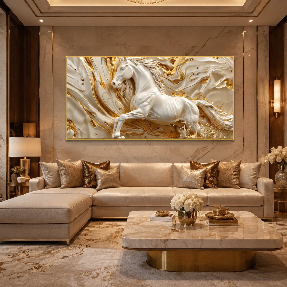Luxury White Horse canvas Wall Art with Golden Abstract Marble Design for Elegant Living Room