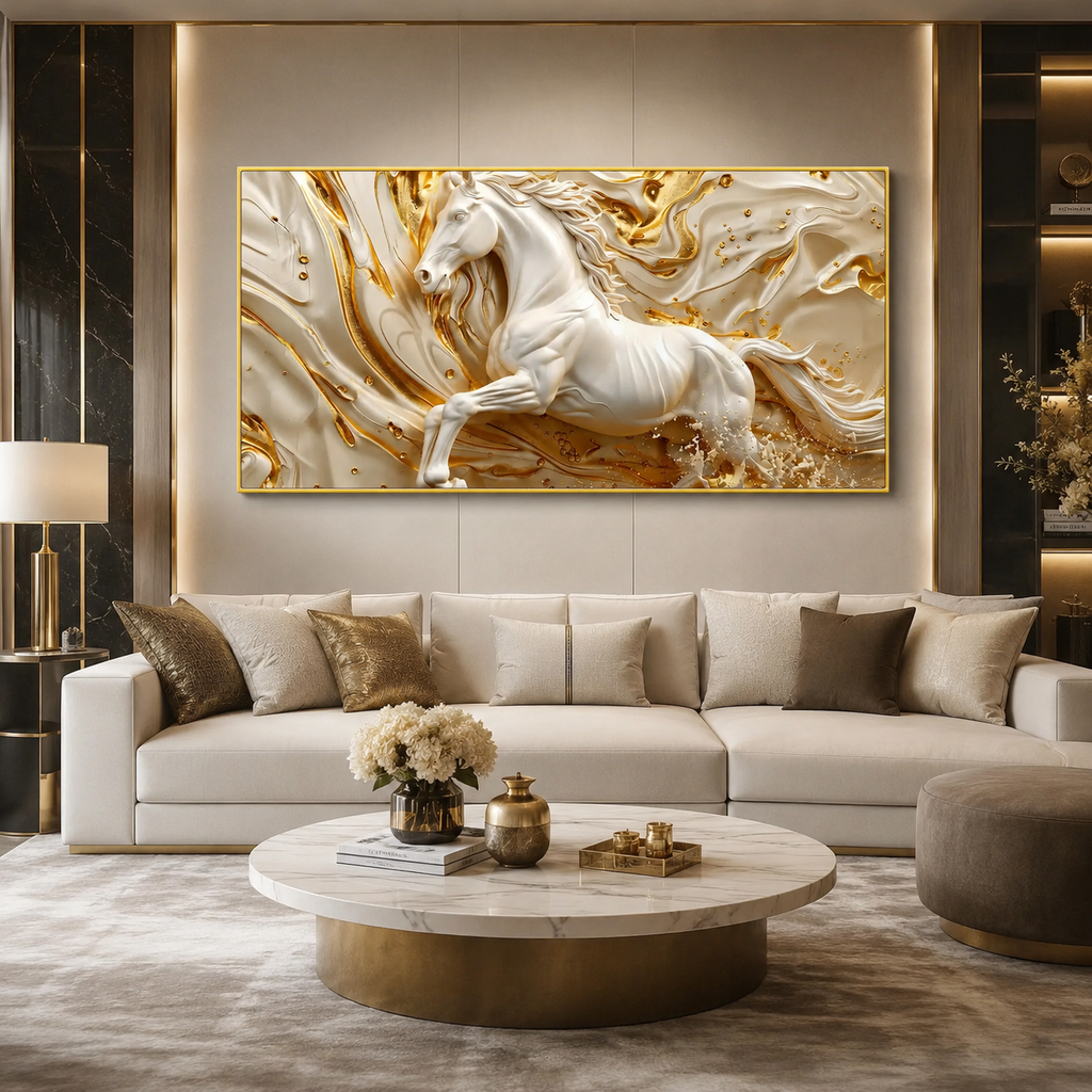 Luxury White Horse canvas Wall Art with Golden Abstract Marble Design for Elegant Living Room