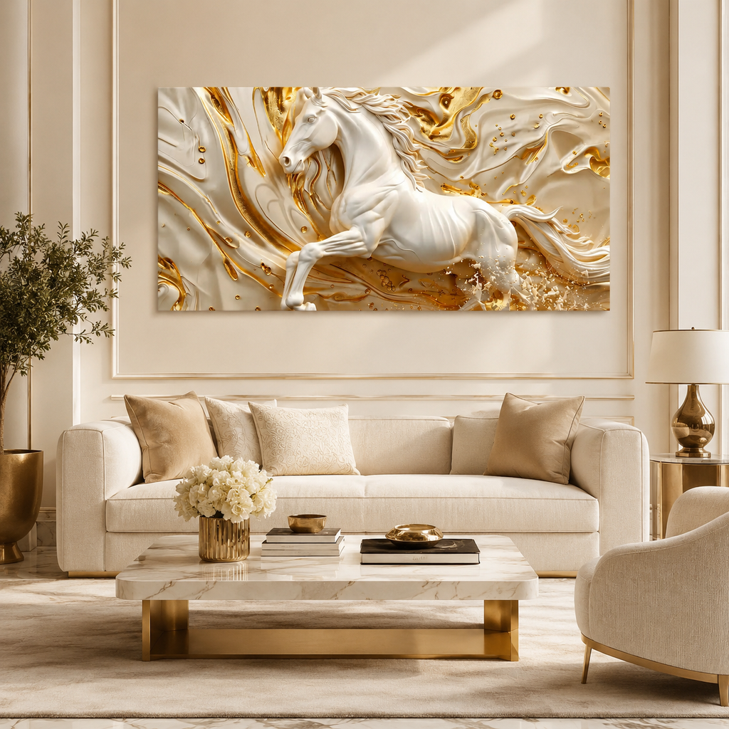 Luxury White Horse canvas Wall Art with Golden Abstract Marble Design for Elegant Living Room