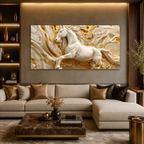 Luxury White Horse canvas Wall Art with Golden Abstract Marble Design for Elegant Living Room