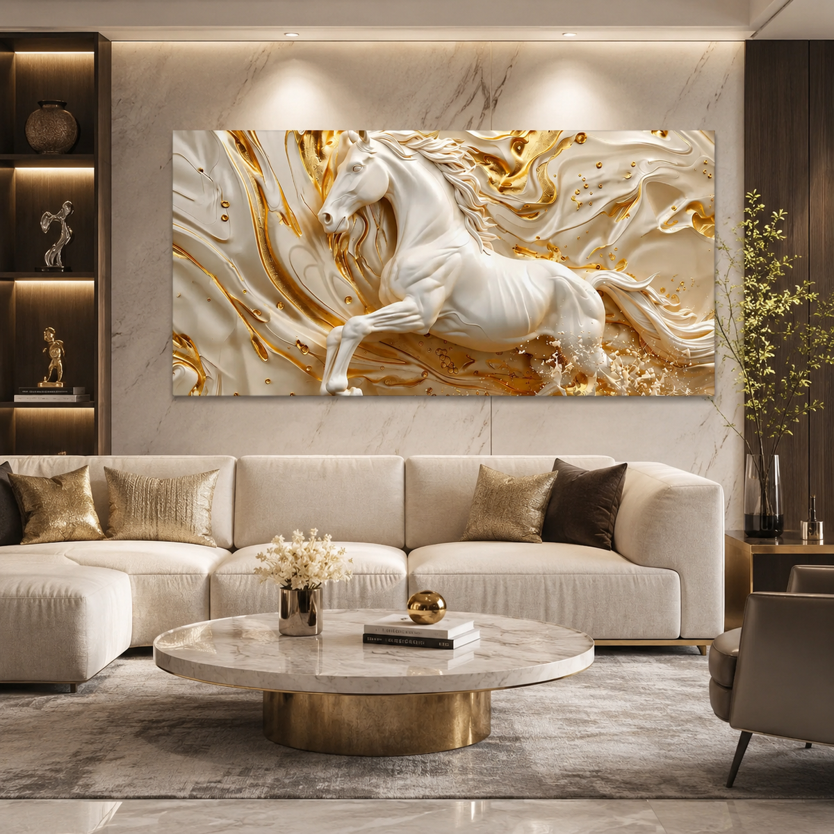 Luxury White Horse canvas Wall Art with Golden Abstract Marble Design for Elegant Living Room