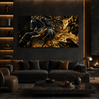 Black Horse Acrylic Wall Art with Gold Splash Effect, Luxury Modern Equestrian Painting for Living Room