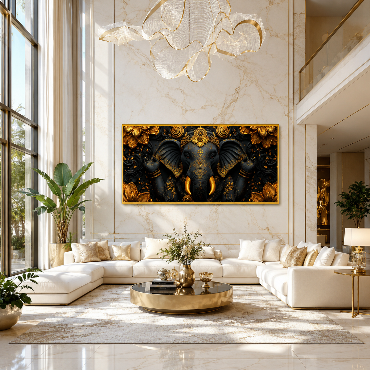 Luxury Golden Ganesha 3D Embossed Canvas Decor Frame Home