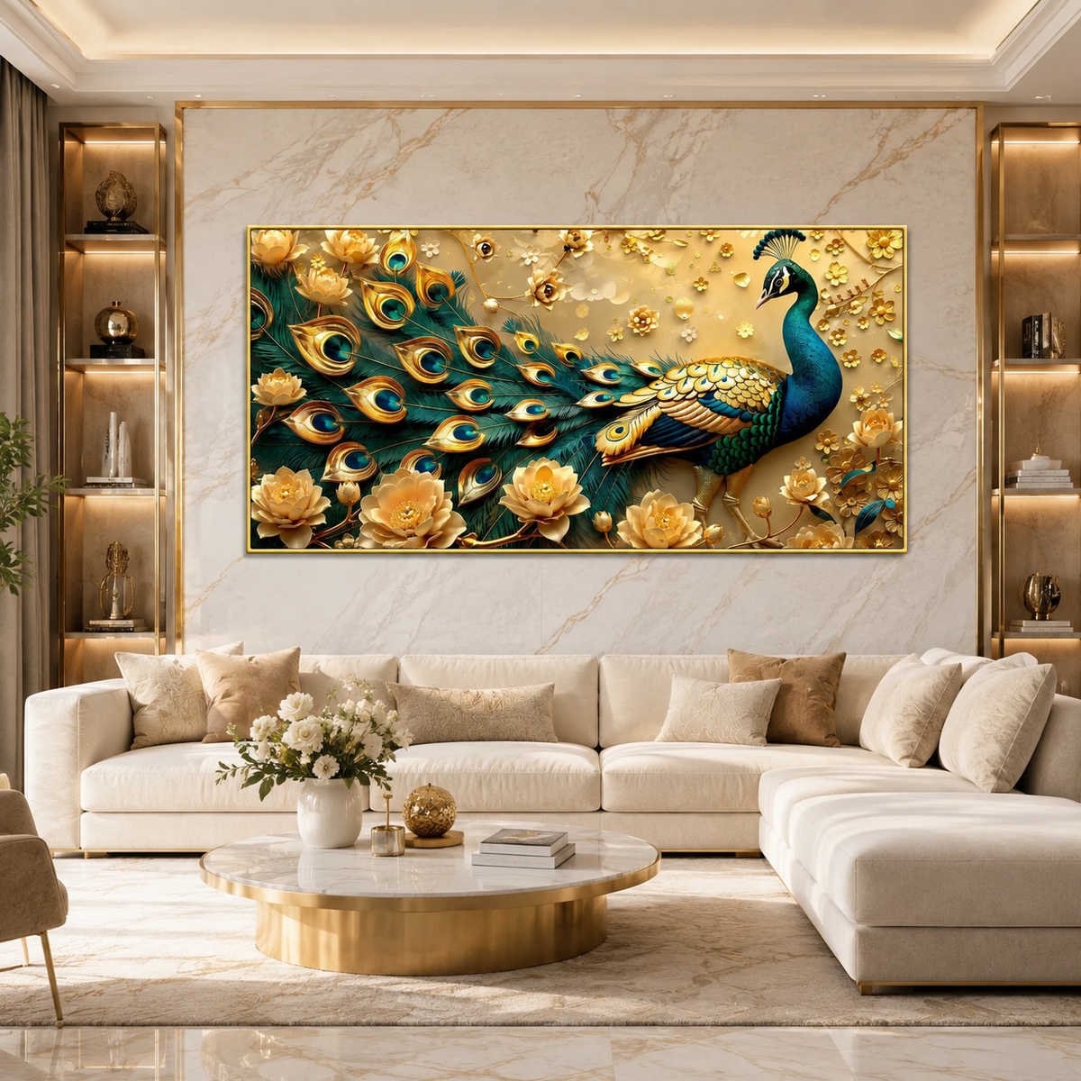 Royal Peacock 3D Wall Painting with Colorful Feathers and Golden Flowers for Living Room Decoration