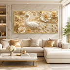 White Peacock Wall Painting with Golden Floral Design and Textured Feather Details for Living Room