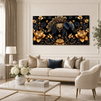 Designer 3D Elephant Wall Art Painting with Golden Floral Details and Rich Blue Background for Living Room