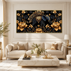 Designer 3D Elephant Wall Art Painting with Golden Floral Details and Rich Blue Background for Living Room