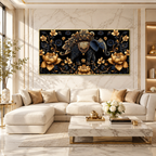 Designer 3D Elephant Wall Art Painting with Golden Floral Details and Rich Blue Background for Living Room