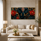 Designer 3D Elephant Wall Art Painting with Vibrant Red Flowers and Golden Embossed Details for Home Decor