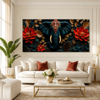 Designer 3D Elephant Wall Art Painting with Vibrant Red Flowers and Golden Embossed Details for Home Decor