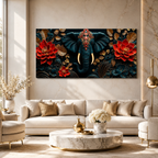 Designer 3D Elephant Wall Art Painting with Vibrant Red Flowers and Golden Embossed Details for Home Decor