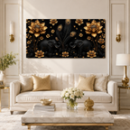 Luxury Twin Elephant 3D Wall Painting with Golden Lotus Flowers and Peacock Feather Details for Home Decor