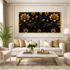 Luxury Twin Elephant 3D Wall Painting with Golden Lotus Flowers and Peacock Feather Details for Home Decor
