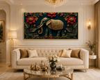 Luxury Elephant 3D Wall Painting with Golden Artwork and Red Lotus Flowers