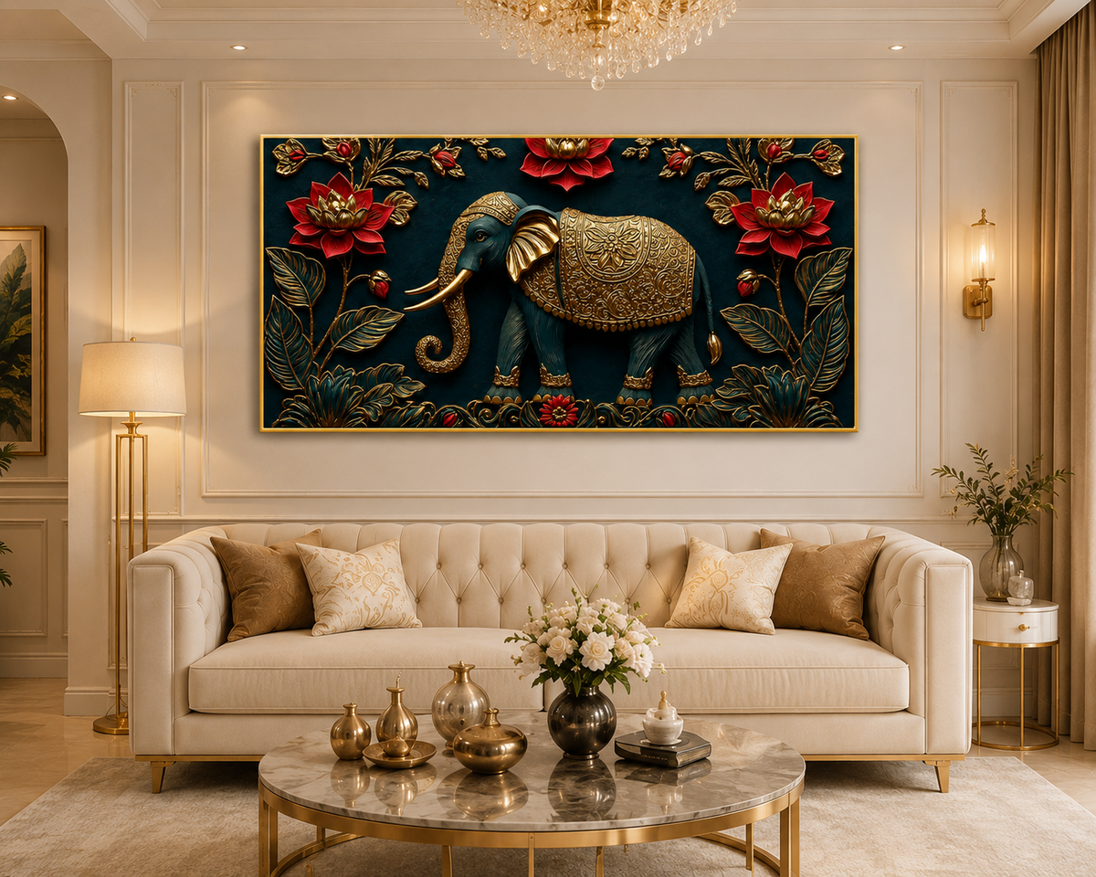 Luxury Elephant 3D Wall Painting with Golden Artwork and Red Lotus Flowers