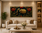 Luxury Elephant 3D Wall Painting with Golden Artwork and Red Lotus Flowers