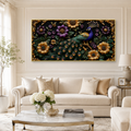 Peacock Wall Painting with Purple Flowers and Golden Floral Details for Luxury Home Decor