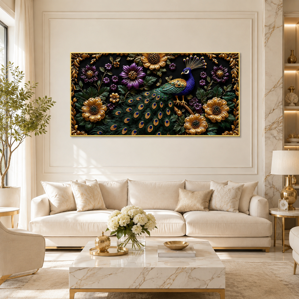 Peacock Wall Painting with Purple Flowers and Golden Floral Details for Luxury Home Decor