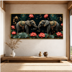 Elegant Black Elephant Pair Lotus 3D Wall Art Painting for Modern Home Living Room