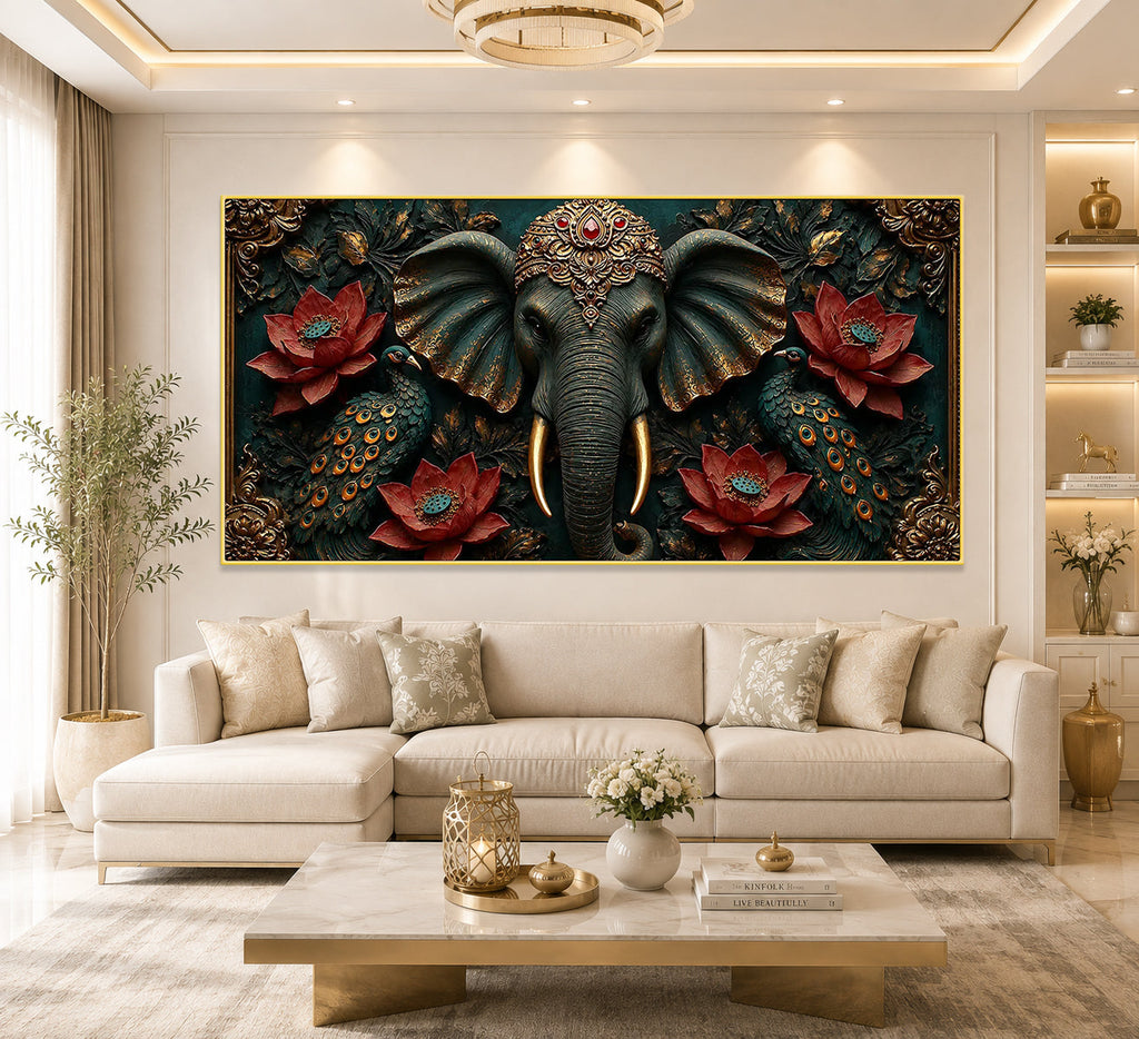 Majestic Elephant 3D Painting with Peacocks Lotus Flowers and Gold Accents