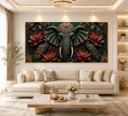 Majestic Elephant 3D Painting with Peacocks Lotus Flowers and Gold Accents