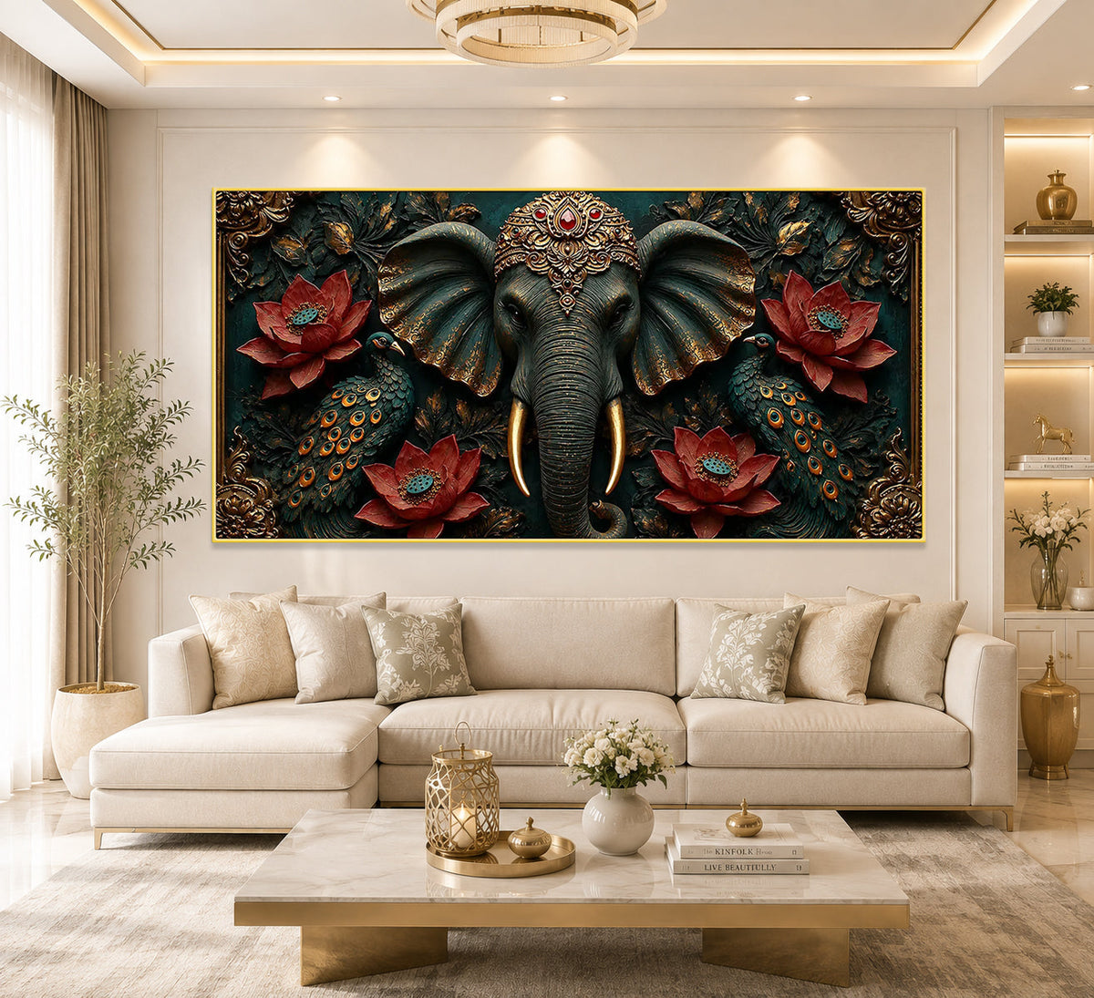Majestic Elephant 3D Painting with Peacocks Lotus Flowers and Gold Accents