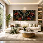 Majestic Elephant 3D Painting with Peacocks Lotus Flowers and Gold Accents
